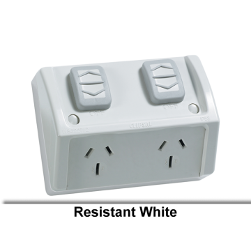 Clipsal GPO Switched Outlet Weatherproof Flush Mount Standard 2 Gang 10A 250V IP53 Horizontal Chemical Resistant White