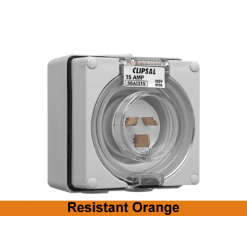 Clipsal 56 Series Appliance Inlet Surface Mounting Weatherproof 1Ph 15A 250V 3 Pin Flat Resistant Orange IP66 