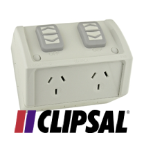Clipsal GPO Switched Outlet Weatherproof Surface Mount Standard 2 Gang 10A 250V IP53 Horizontal Chemical Resistant Grey